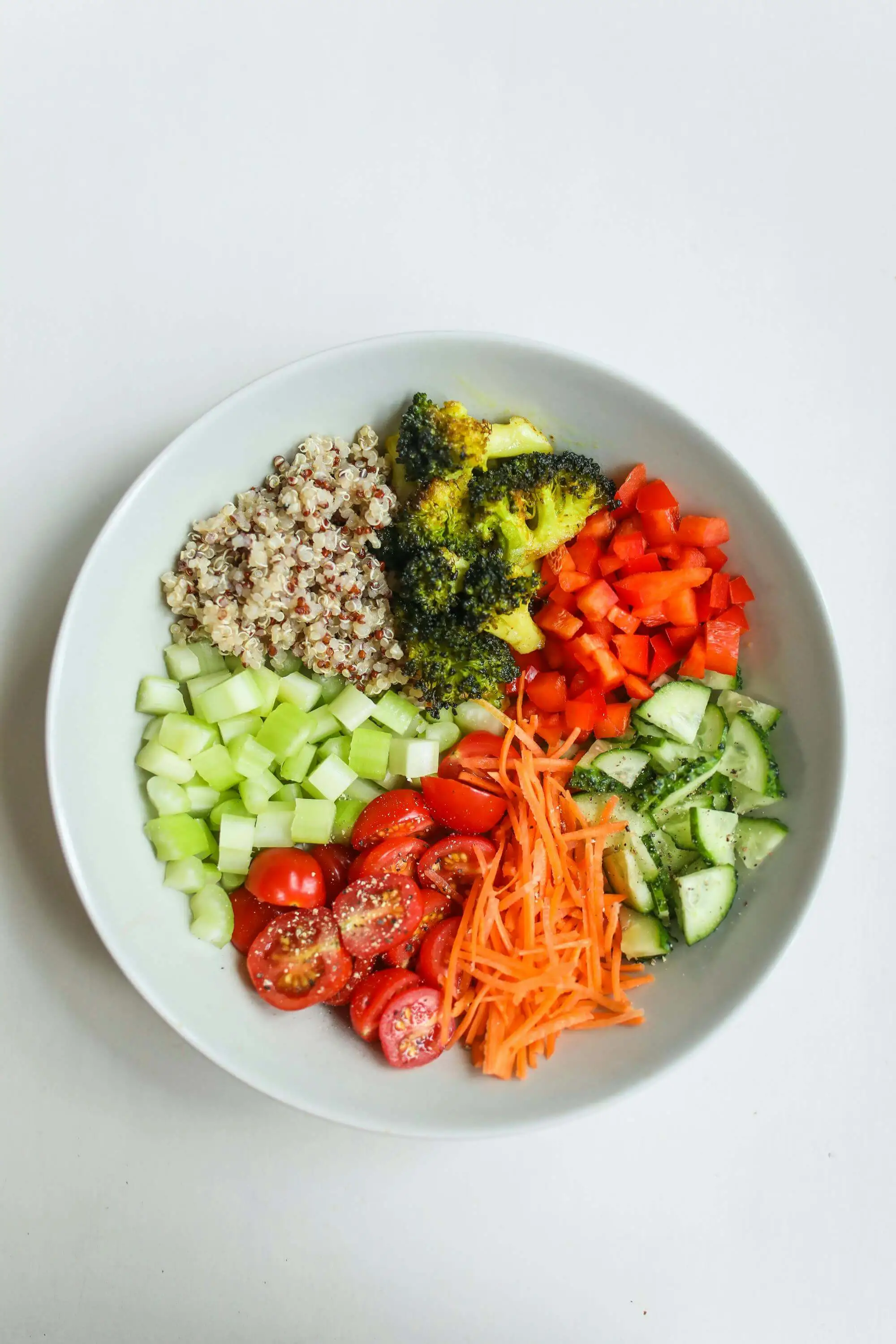 Balanced meal prep food bowl filled with lean protein, complex carbohydrates, vegetables, and healthy fats