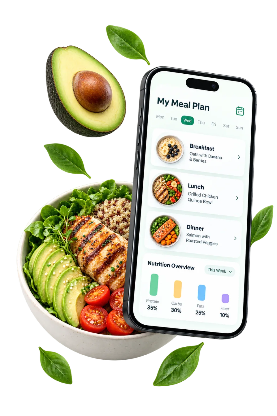 KI-Ernährungsplan auf einem Smartphone neben einer gesunden Bowl mit Hähnchen und Avocado