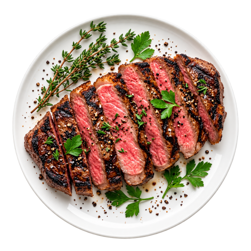 Saftig gegrilltes, aufgeschnittenes Steak mit Kräutern auf einem weißen Teller