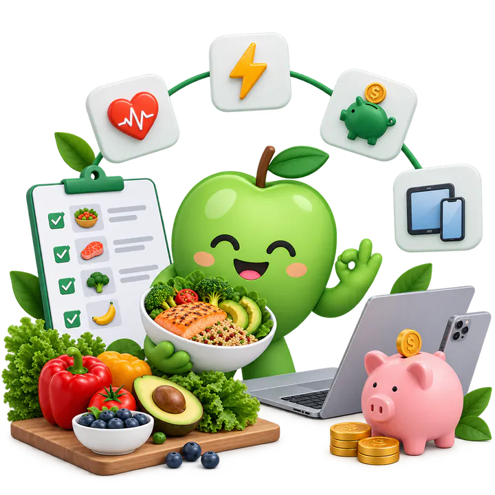 Lächelndes grünes Apfel-Maskottchen mit einer Bowl aus Lachs und Quinoa, umgeben von einem abgehakten Ernährungsplan, frischem Gemüse, einem Laptop und einem Sparschwein