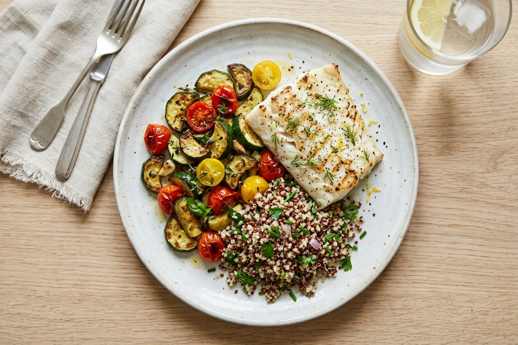 A light plate of grilled fish, roasted vegetables and quinoa