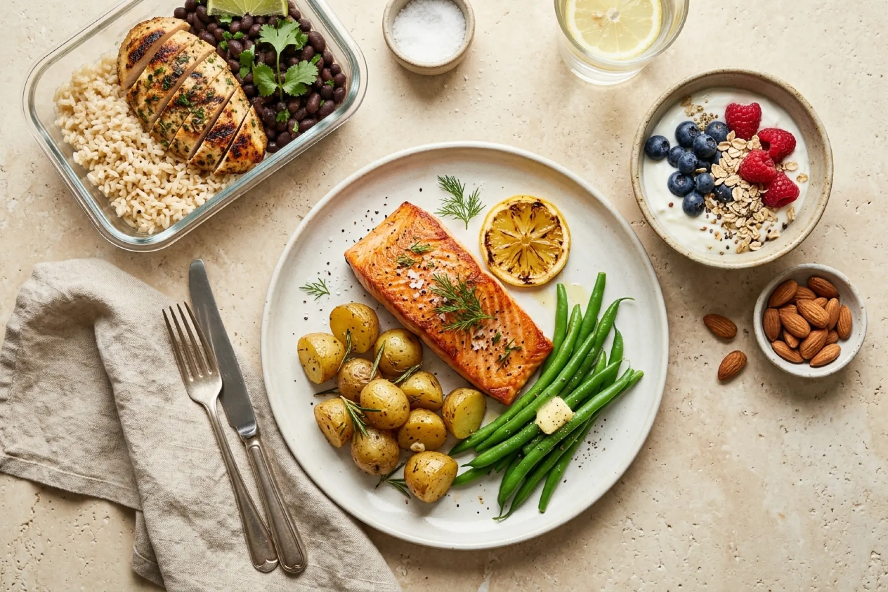 Salmon with roasted potatoes and green beans from the 7-day 1800 calorie meal plan