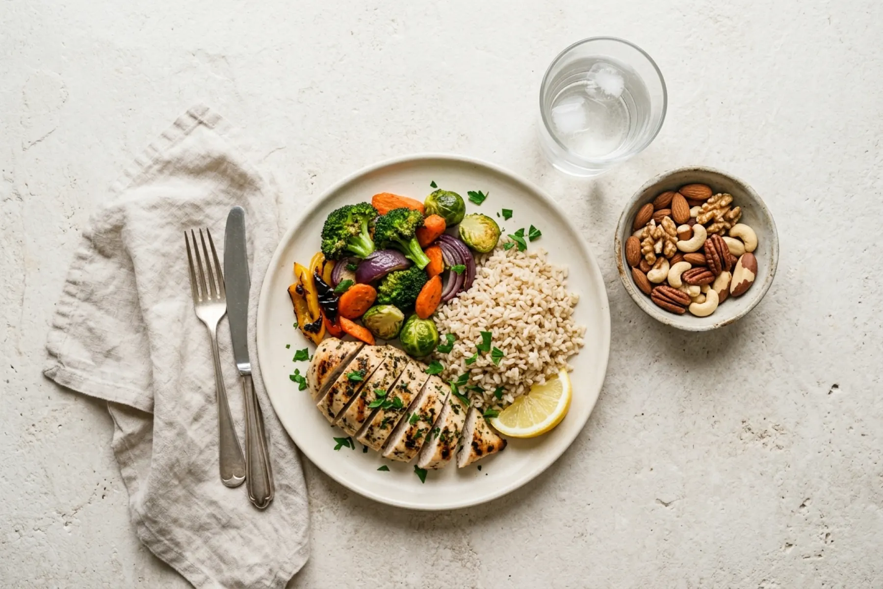 A plate of grilled chicken, brown rice and roasted vegetables from the 7-day 2000 calorie meal plan