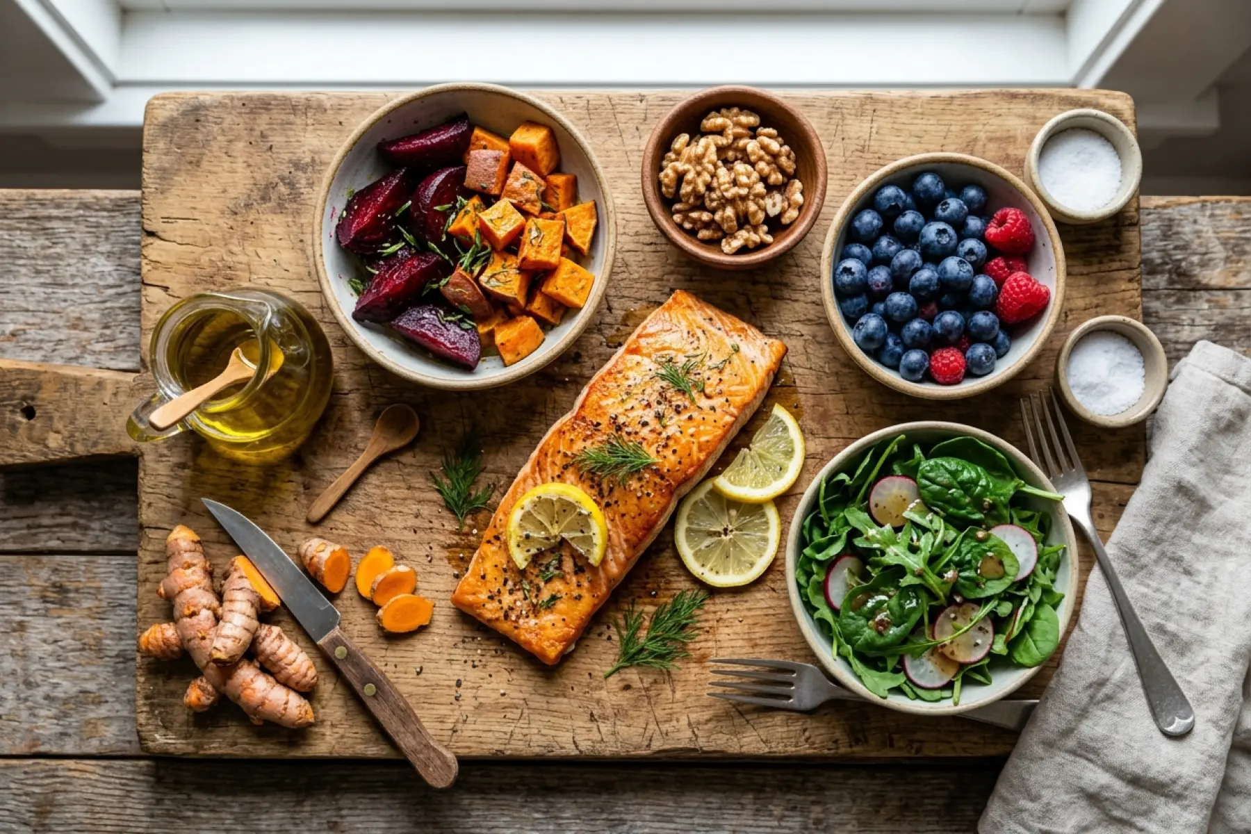 Salmon, leafy greens, roasted beets, walnuts and olive oil