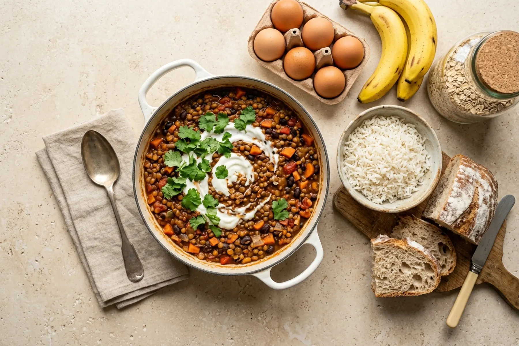 A pot of lentil and black bean chili with rice from the 7-day budget meal plan