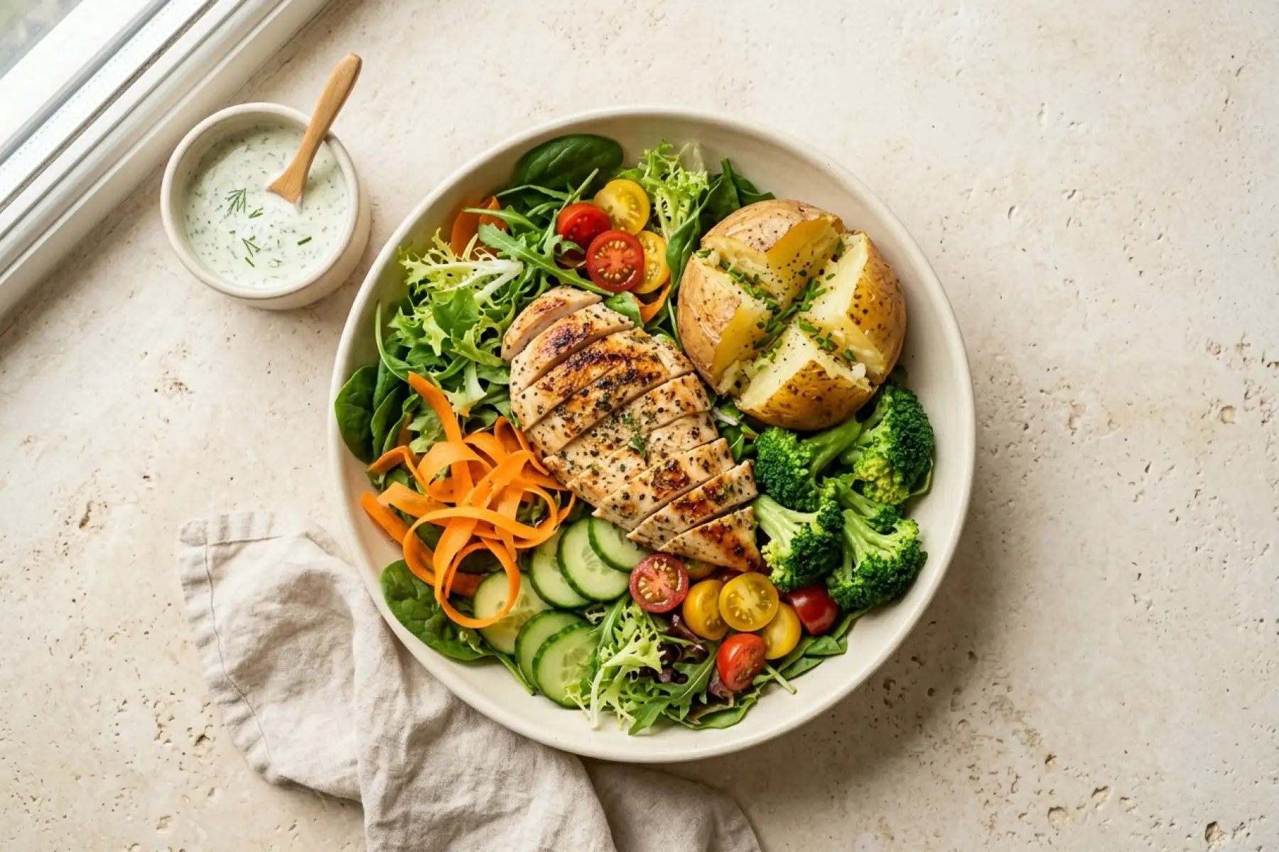 A large high-volume bowl of vegetables and lean protein from the 7-day calorie deficit meal plan
