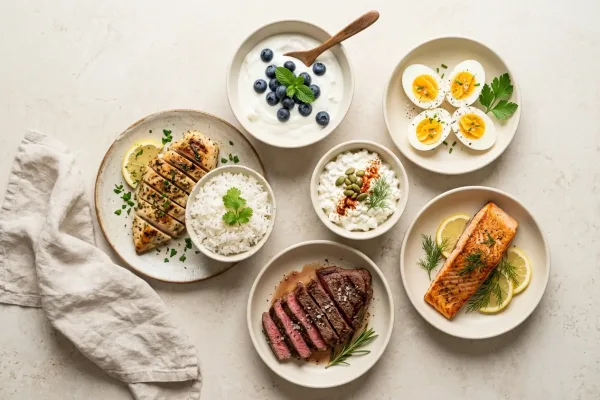 Proteinreiche Lebensmittel wie Hähnchen, Eier, Fisch und griechischer Joghurt aus dem 7-Tage-Ernährungsplan mit viel Protein