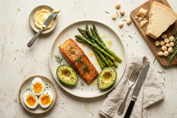 Gebackenes Lachsfilet mit grünem Gemüse, ein typisches Abendessen im 7-Tage-Keto-Ernährungsplan