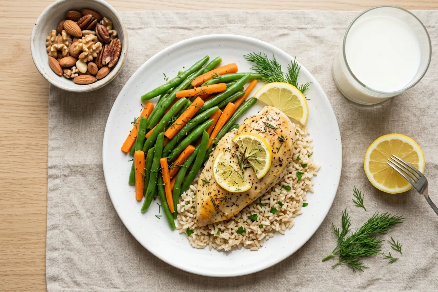 Baked chicken with herbs, steamed green vegetables and brown rice