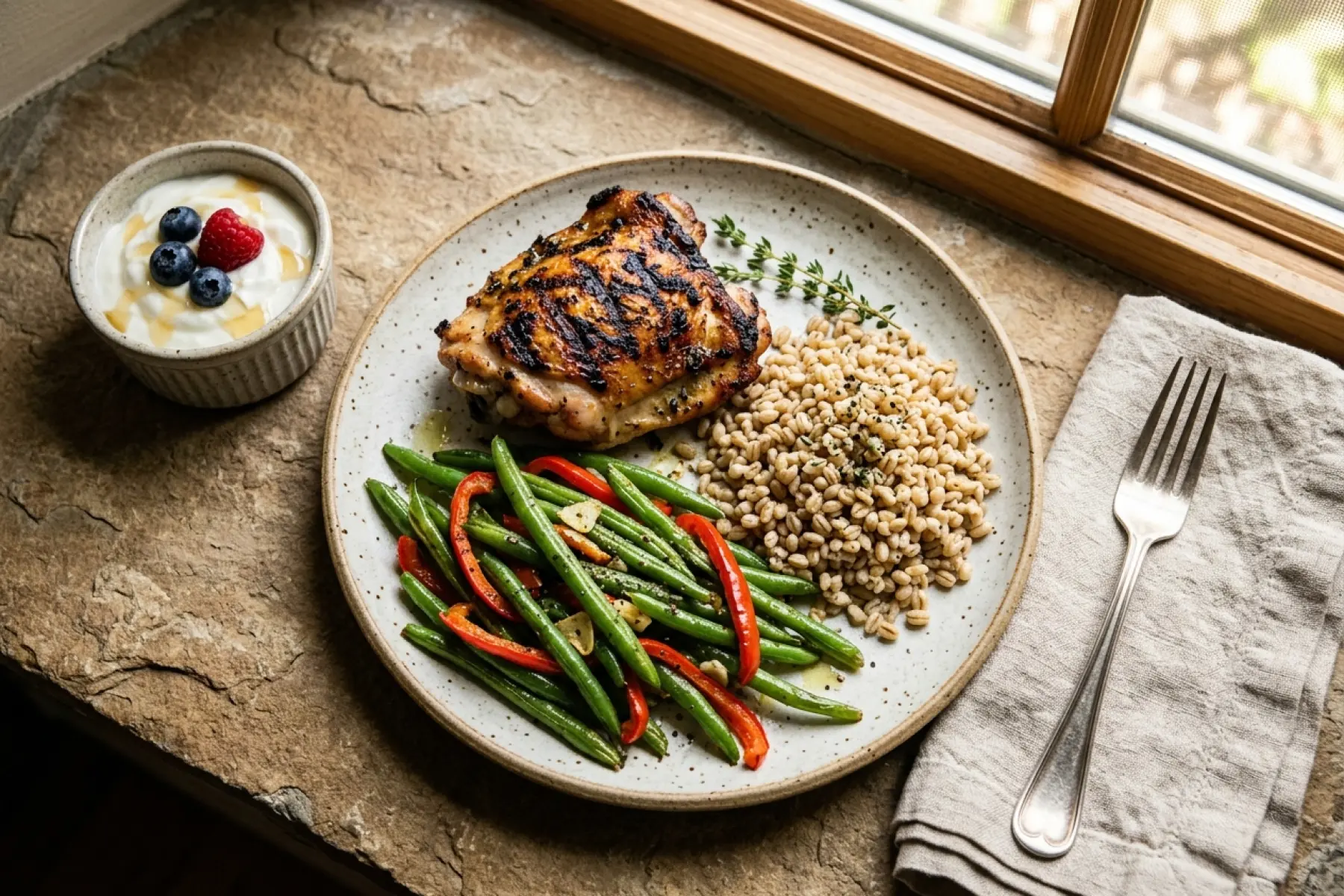 A plate of grilled chicken, green vegetables and a small portion of barley