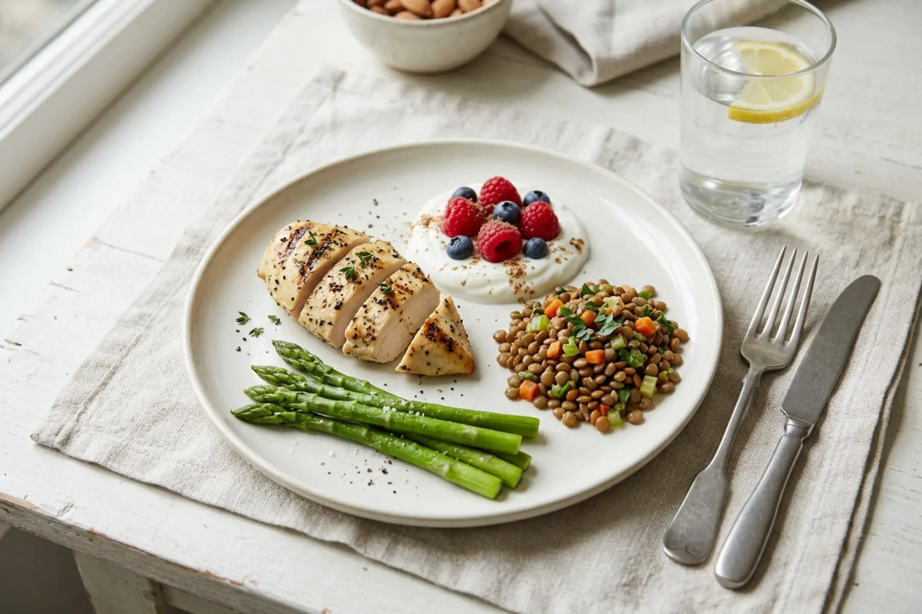 A small protein-rich plate with chicken, yogurt, lentils and asparagus