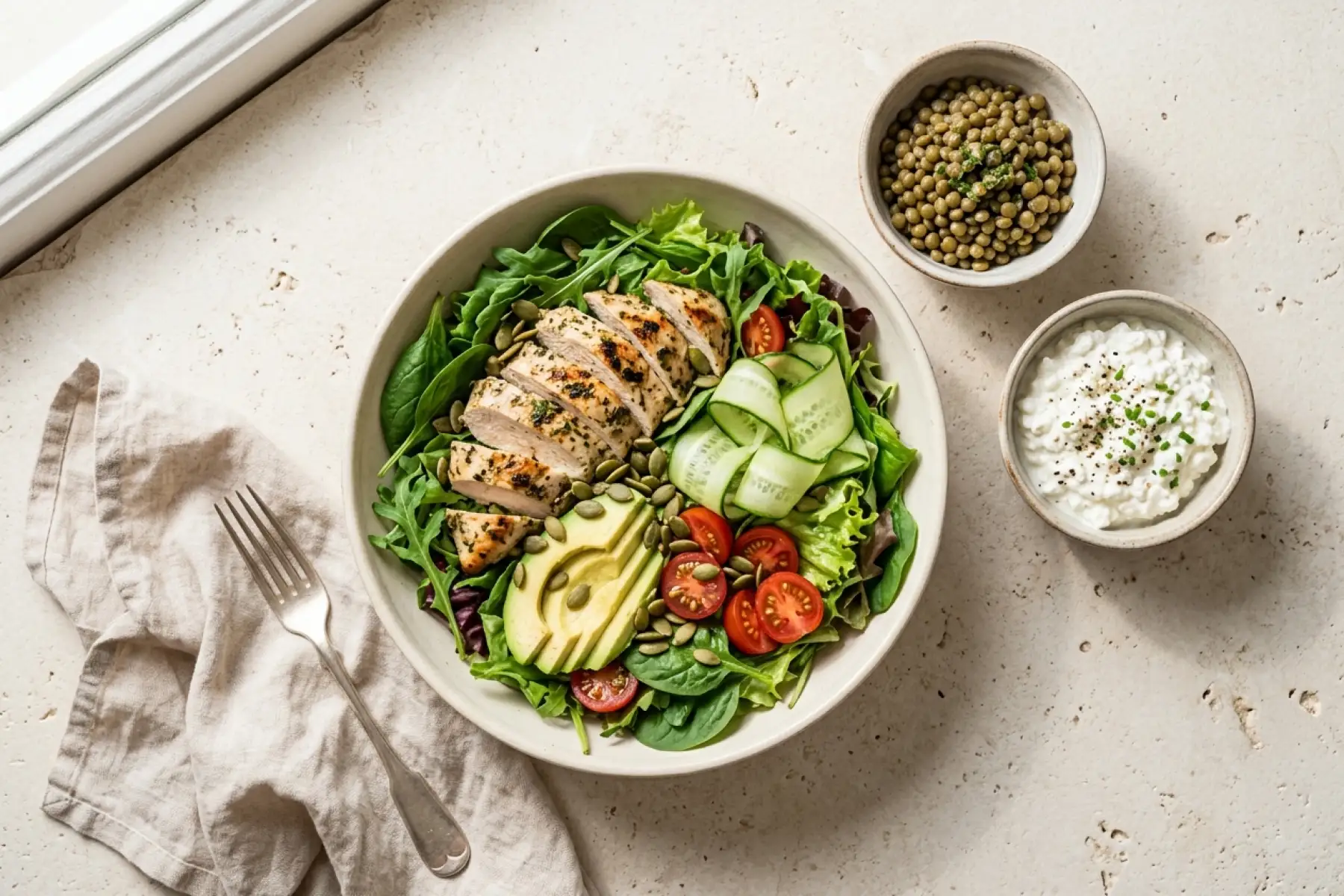 A high protein low carb salad with chicken, avocado and greens from the 7-day meal plan