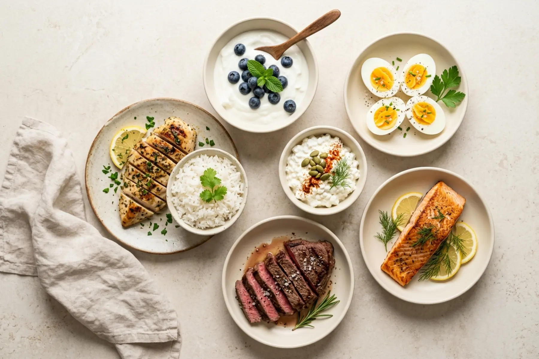 High protein foods including chicken, eggs, fish and Greek yogurt from the 7-day high protein meal plan