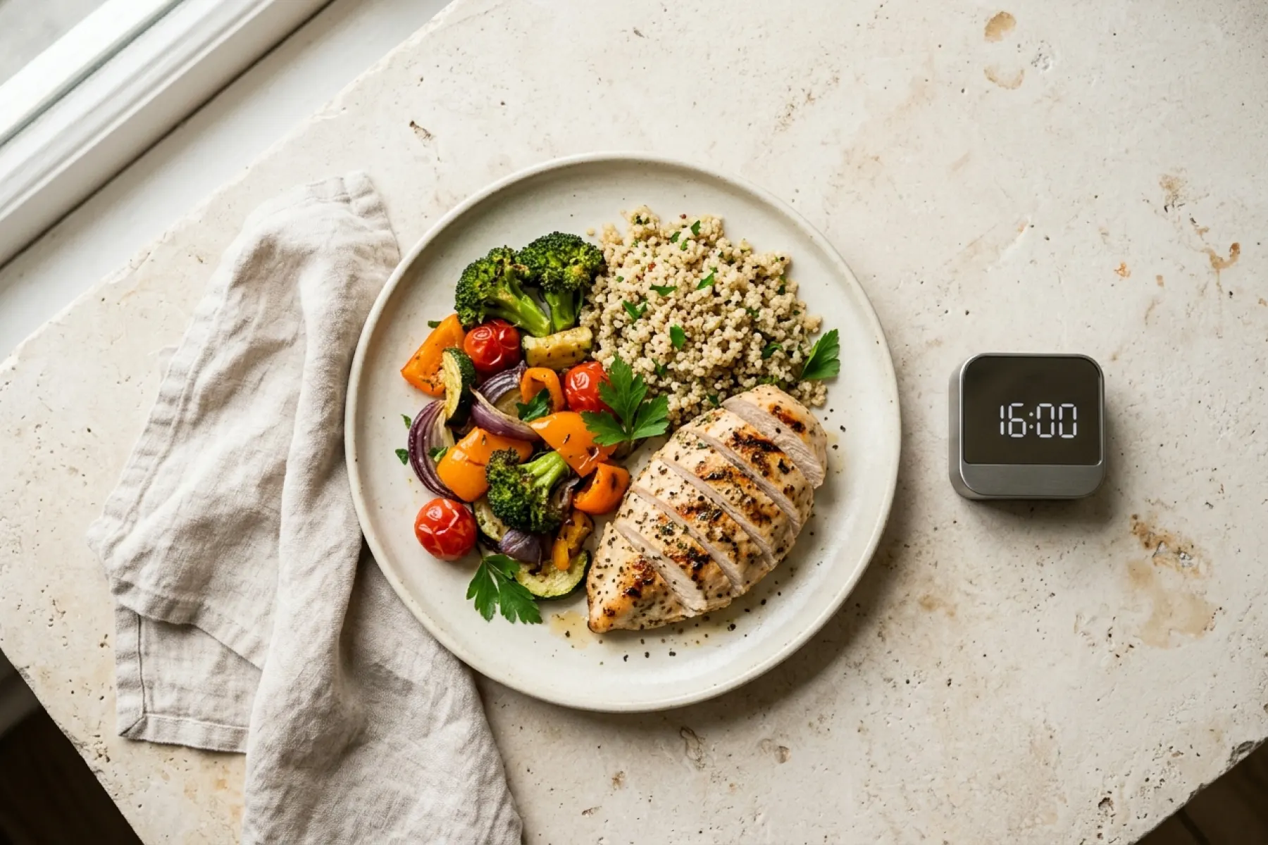 A single plated meal with a clock beside it representing the 16:8 intermittent fasting eating window