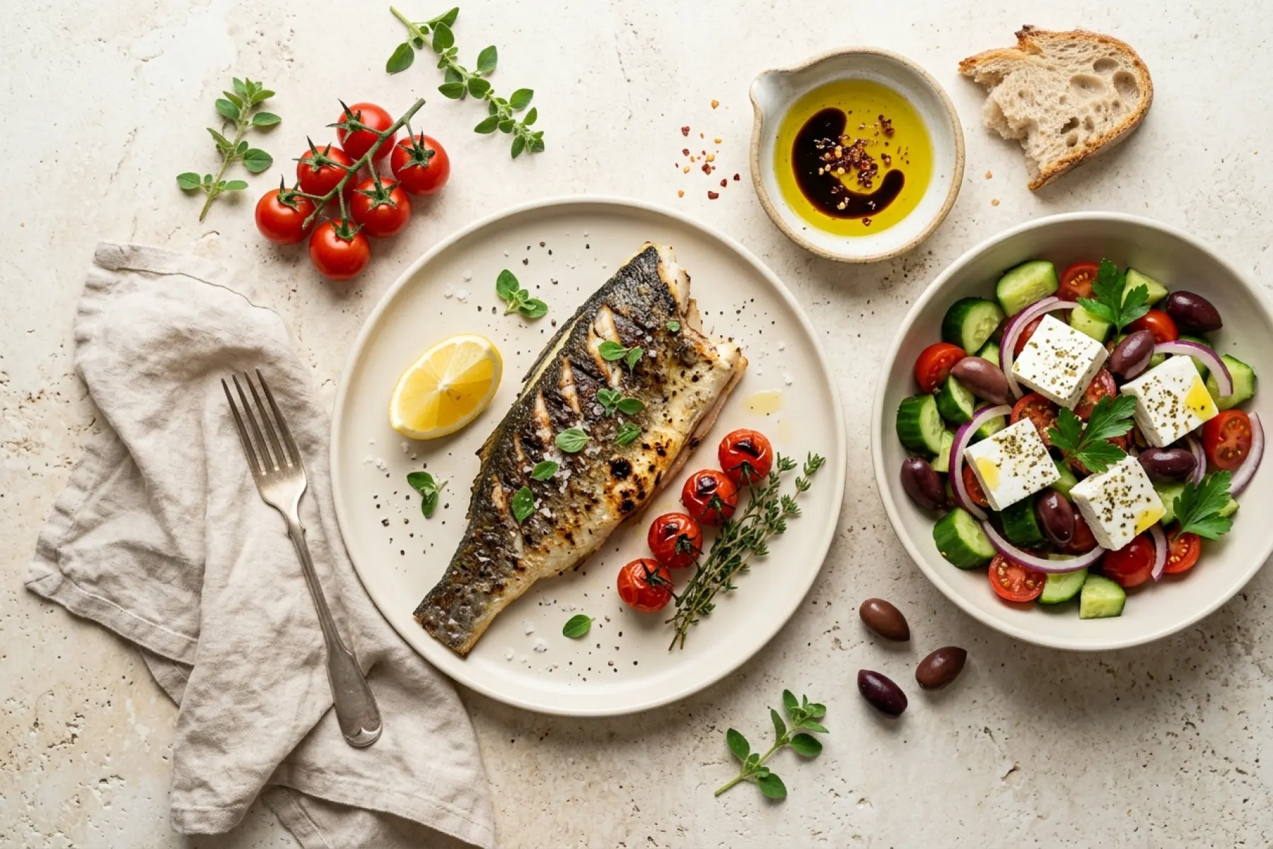 A Mediterranean plate of baked salmon, Greek salad and olive oil from the 7-day Mediterranean diet meal plan