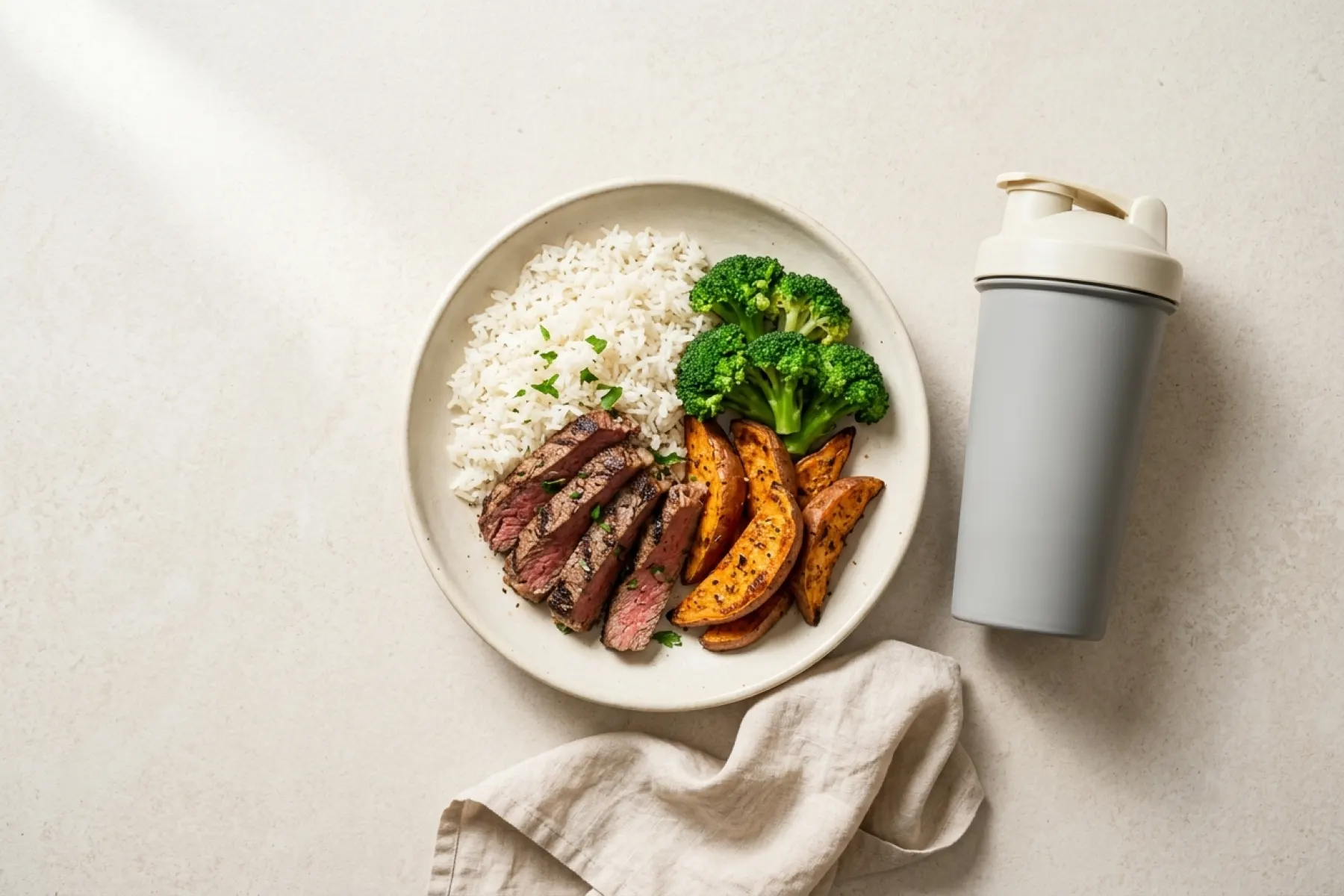 A large plate of steak, rice and roasted vegetables from the 7-day muscle gain meal plan