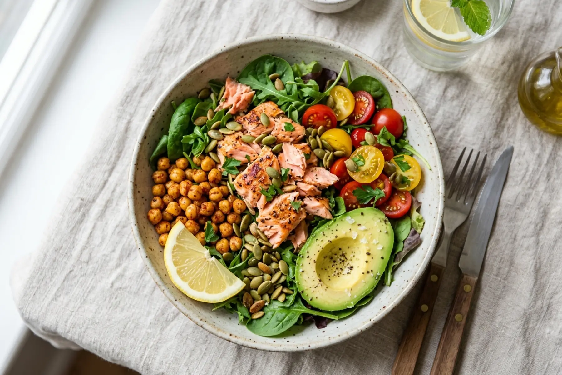 A bowl of salmon, leafy greens, chickpeas and avocado