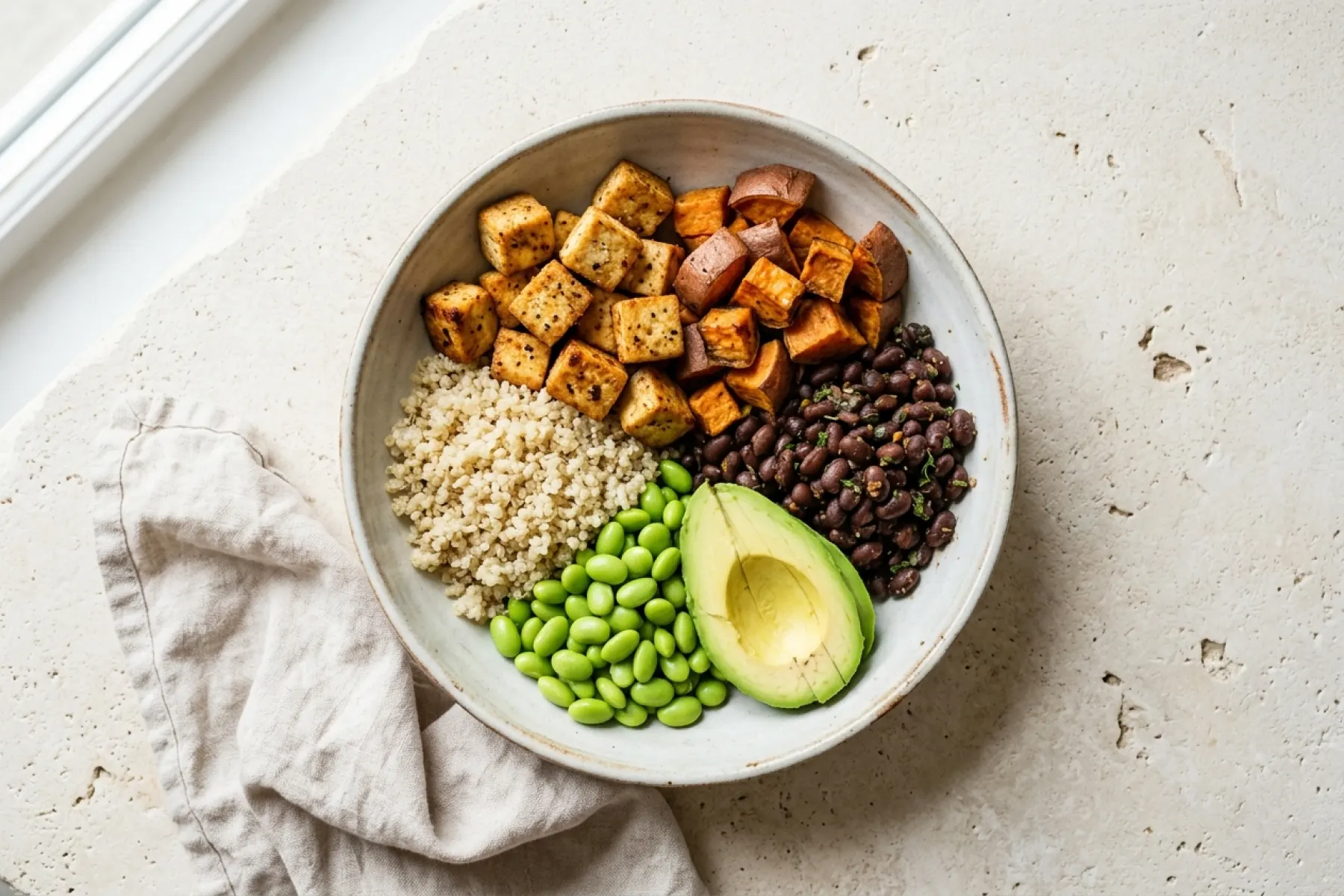 A colourful plant-based bowl with tofu, sweet potato and black beans from the 7-day vegan meal plan
