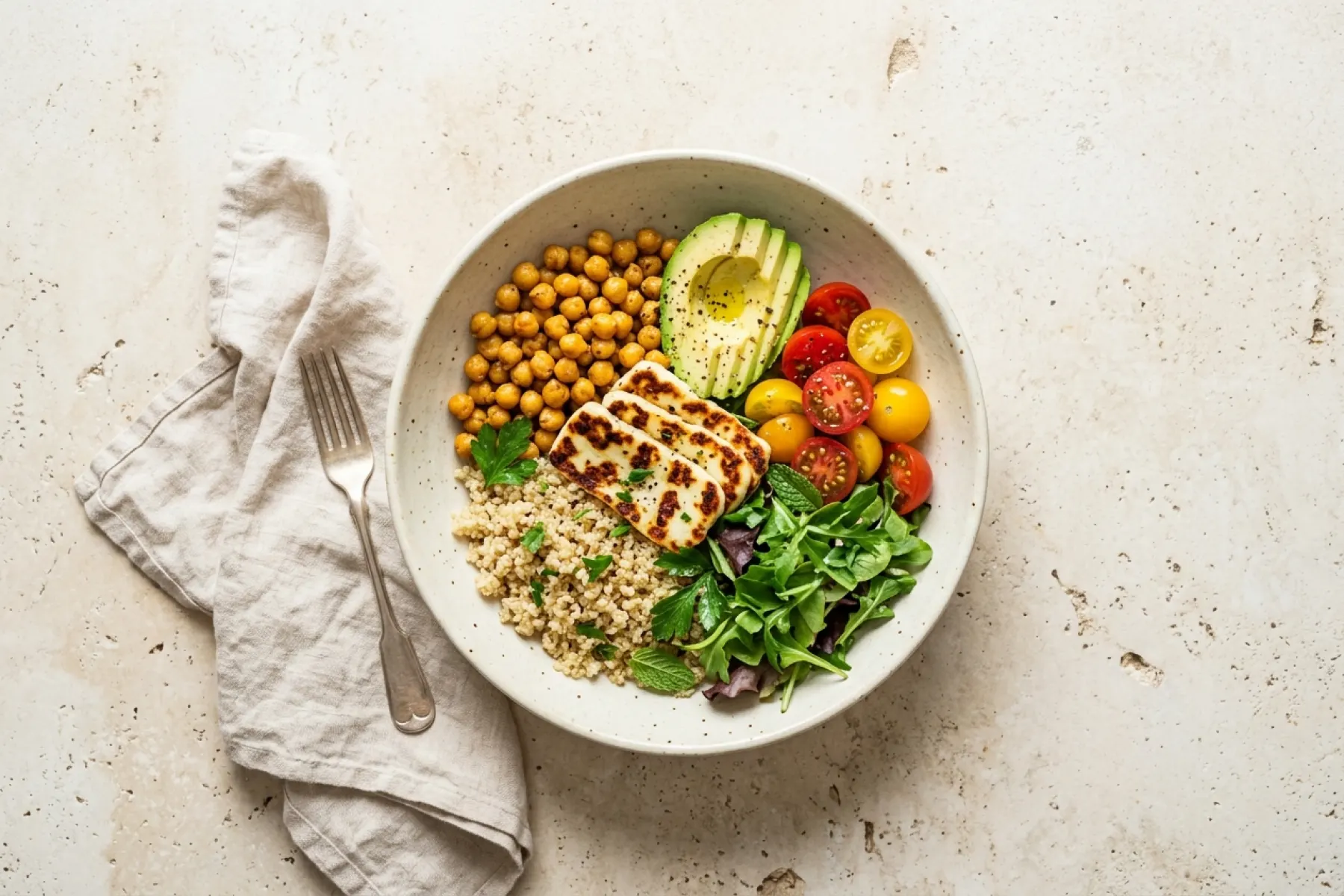A colourful vegetarian bowl with chickpeas, halloumi and avocado from the 7-day vegetarian meal plan