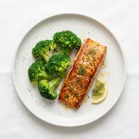 Gericht mit gebackenem Lachs
